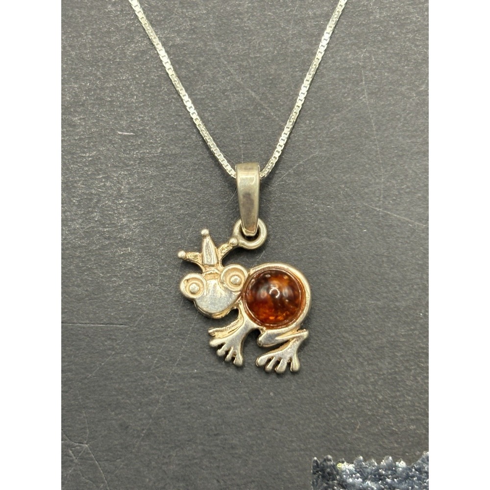 18" Sterling Silver Amber Frog Pendant Necklace 925 H5